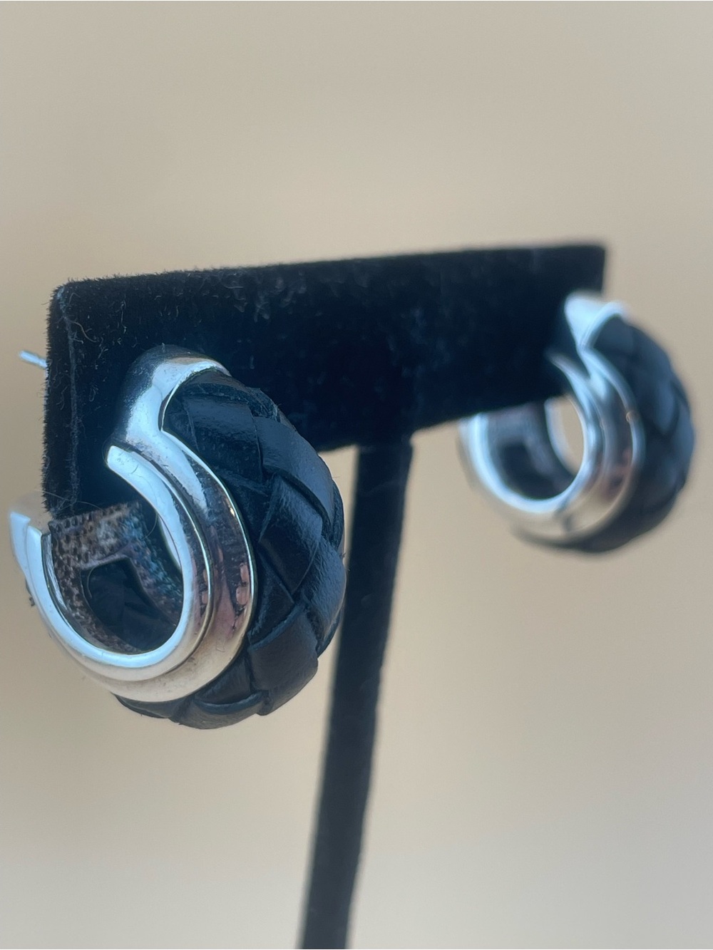 Joseph Esposito Sterling Silver Black Woven Leather Hoop Earrings